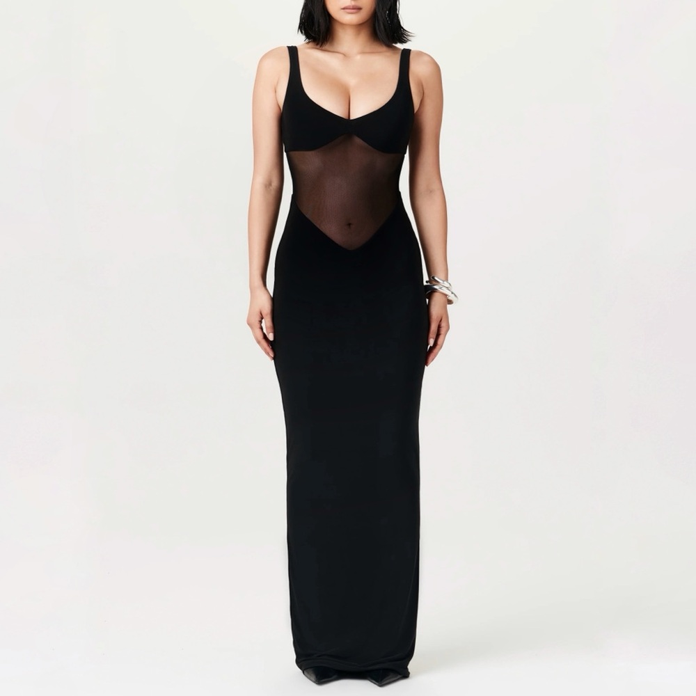 NWT Naked Wardrobe Hourglass Mesh Detail Maxi Dress